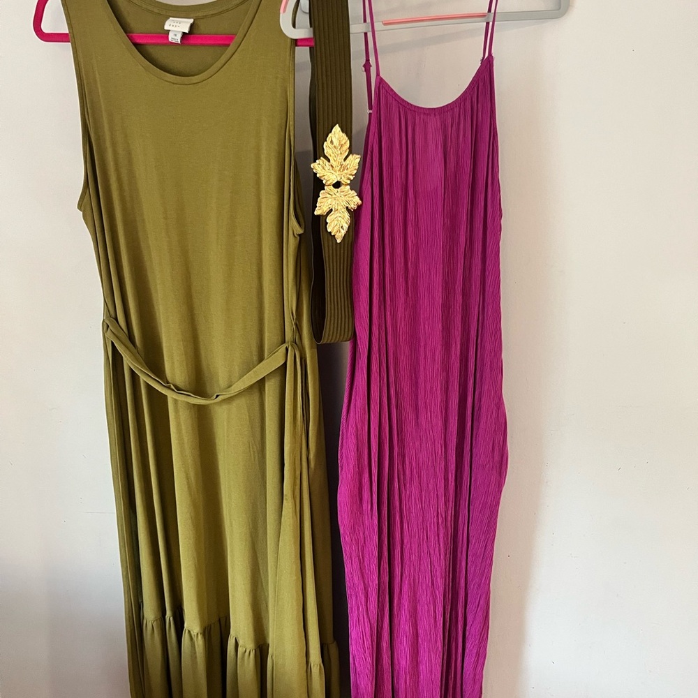 2 Maxi Dress w Pockets Fuchsia Sage Green Autumn Stretch Belt Lot 1x Xxl Euc